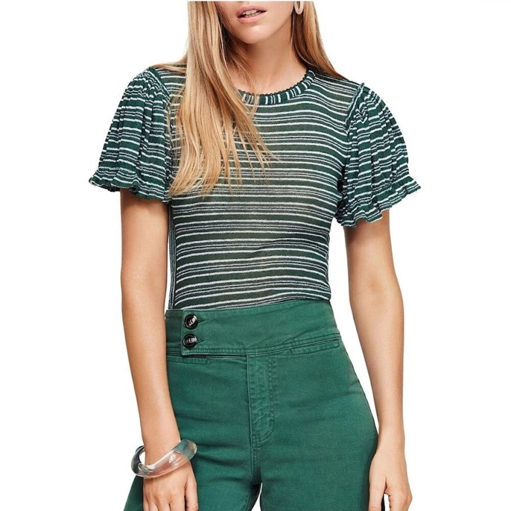 Free people take one for the team green striped short sleeve top size medium